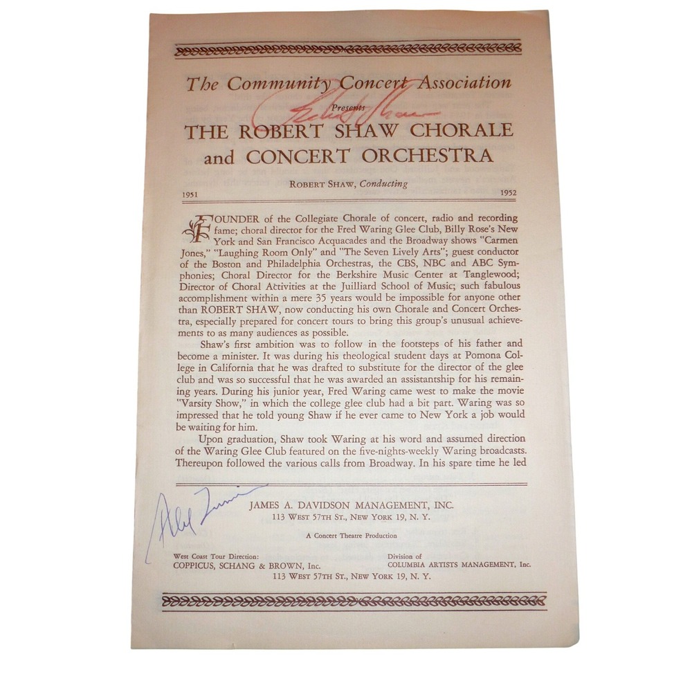 Vintage 1951-1952 Robert Shaw Chorale Concert Program Mozart Brahms Ephemera